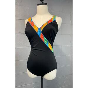 Vintage 1980s Black Colorblock One Piece Swimsuit Roxanne Bra Sized Bullet Bra